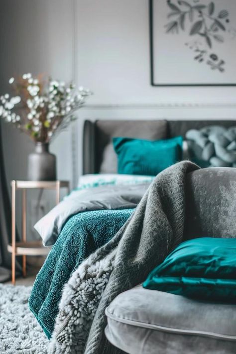 Teal and Grey Bedroom Ideas for a Chic Space Teal Closet Ideas, Black White Grey Teal Bedroom, Teal Grey Bedroom Ideas, Bedroom With Turquoise Accents, Spa Blue Bedroom, Grey Teal Bedrooms, Grey And Turquoise Bedroom, Gray And Teal Bedroom Ideas, Grey And Teal Bedroom Ideas