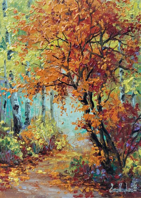 Autumn park under the bright autumn sun.  Yellow and orange trees with leaves that seem to be covered in gold create a soft carpet under your feet. Invite you to enjoy this wonderful time. This painting personifies the calm and magic of an autumn day. Title: Colors of autumn park Size Painting: 5.12 x 7.1  inches- (13x18 cm),  Materials: Oil paints, Hardboard This art are High-quality and would make a great addition to any home, office or restaurant decor. (I can paint this painting in other sizes. Please, contact me) Best Regards Your Artist Vadim Stavitskiy Autumn Impressionist Painting, Bright Oil Paintings, Fall Scene Painting, Fall Oil Paintings, Fall Flower Paintings, Fall Nature Painting, Autumn Art Painting, Autumn Trees Painting, Autumn Leaves Painting