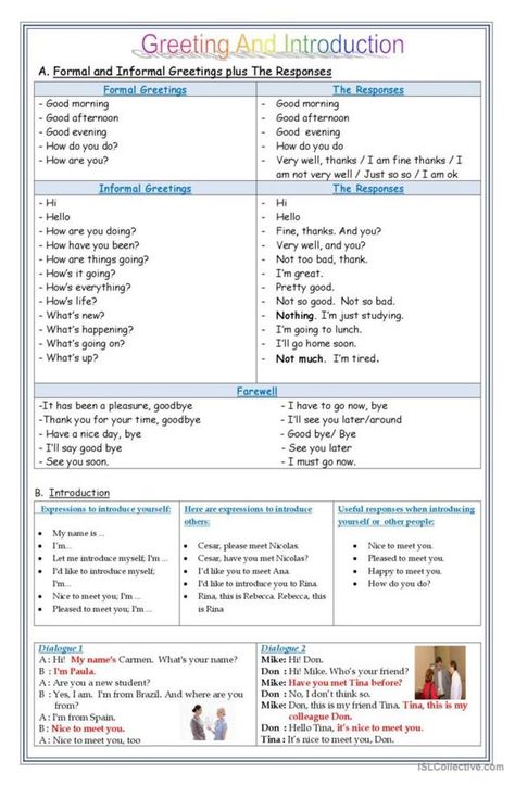 this file contains some expressions to greet someone. There are two kinds of greeting, those are formal greeting and informal greeting. Not only the expression to greet someone, the file also contains of the way to introduce ourselves and introduce other. Materi Bahasa Inggris, Ideas Principales, English Lesson Plans, Teaching Geography, English For Beginners, Esl Lesson Plans, High School Survival, Learning English For Kids, Esl Lessons