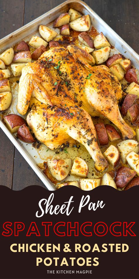 Whole Chicken Sheet Pan Dinner, Spatchcock Chicken And Potatoes, Oven Roasted Spatchcock Chicken, Baked Spatchcock Chicken, Spatchcock Chicken Oven Roasted, Sheet Pan Roasted Chicken, Sunday Meals, Whole Baked Chicken, Herbed Butter