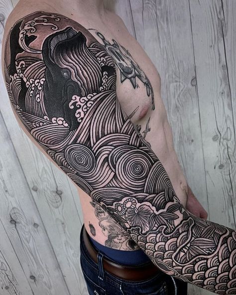 Bodysuit Tattoos, Geometric Sleeve Tattoo, Water Tattoo, Muster Tattoos, Inspiration Tattoos, Irezumi Tattoos, Japanese Sleeve Tattoos, 3d Tattoos, Arm Sleeve Tattoos