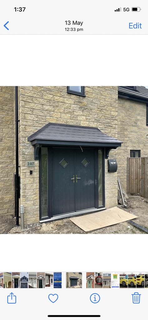 Anthracite Hipped Roof Fibreglass door canopy.  2180mm grey roof x 2100mm anthracite soffit  2 x Large dec legs also in Anthracite grey Front Door Peaked Roof, Porch Canopy Ideas, Porch Extension, Hipped Roof, Front Porch Ideas Uk, Front Door Canopy, Canopy Roof, Large Porch, Porch Canopy