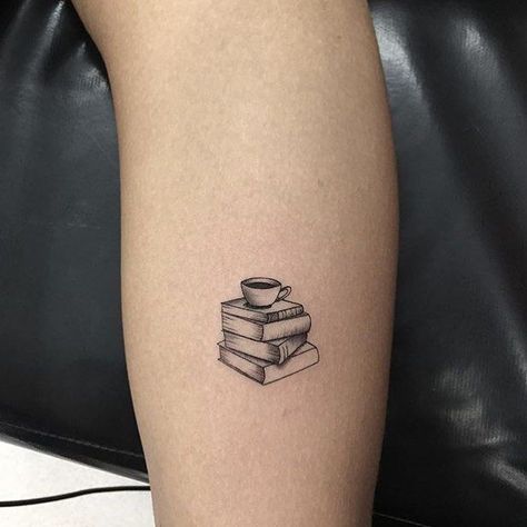 Books And Coffee Tattoo Ideas, Book With Coffee Tattoo, Small Tattoo Ideas Books, Coffee And Book Tattoo Ideas, Coffee Books Tattoo, Book And Coffee Tattoo Small, Coffee Tattoos Small, Writer Tattoo Ideas Small, Minimalistic Book Tattoo