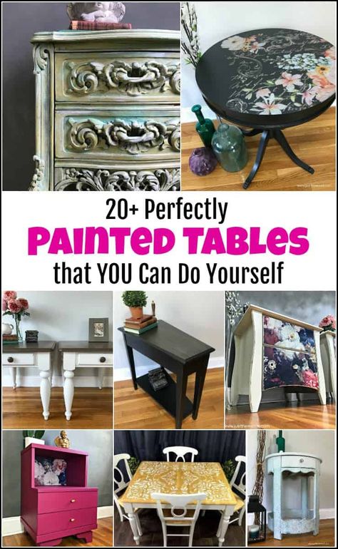 Painted tables are a quick and easy way to add character to your home. A painted coffee table brings focus to the center of a living room while painted kitchen tables add the perfect charm to any dining experience. I'm sharing some amazing painted table ideas to inspire your next project. #paintedtables #paintedtableideas Tabletop Design Ideas, Artistic Coffee Table, Funky Painted Coffee Table, Painted Tables Ideas, Coffee Table Painting Ideas, Table Art Painting, Painted Table Ideas, High Table Design, Coffee Table Makeover Diy