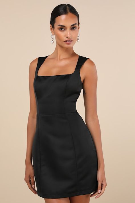 Your night out looks will always be noteworthy when you include the Lulus Illustrious Perfection Black Satin Backless Mini Dress! Sleek woven satin shapes this chic dress that features a princess-seamed bodice with a trendy square neckline, tapered straps, and an open-back cutout (below a single button-loop closure). The fitted waist tops a figure-skimming, A-line skirt that finishes at a sultry mini hem. Hidden back zipper/clasp. Fit: This garment fits true to size. Length: Mid-thigh. Size medi