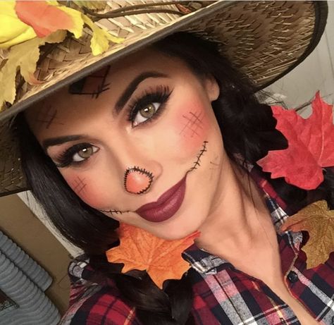 Scarecrow Make Up Ideas For Halloween, Fall Festival Costume Ideas, Cute Scarecrow Makeup For Women, Female Scarecrow Makeup, Scarecrow Womens Costume, Scarecrow Halloween Costume For Women, Scarecrow Costume Women Makeup, Easy Scarecrow Makeup Last Minute, Scare Crow Make Up For Women