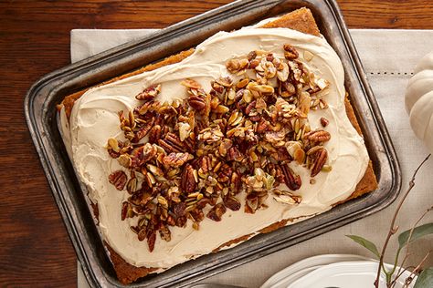 Pumpkin Carrot Cake with Brown Sugar Frosting & Candied Nuts | Canadian Living Pumpkin Carrot Cake, Autumn Dishes, Brown Sugar Frosting, Thanksgiving Cake, Canadian Cuisine, Choc Cake, Friday Dinner, Buckwheat Cake, Canadian Thanksgiving