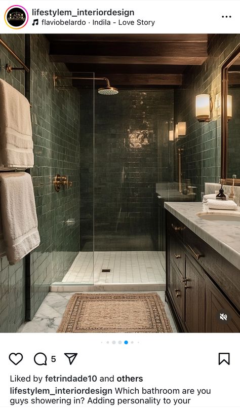 Juniper Tile Bathroom, Chocolate Tiles Bathroom, Green Bathroom Brown Cabinets, Farmhouse Bathroom Dark Floor, Green Tiled Shower Ideas, Olive Green Tile Bathroom, Green Tile Master Bath, Dark Green Shower Tile, Brown And Green Bathroom