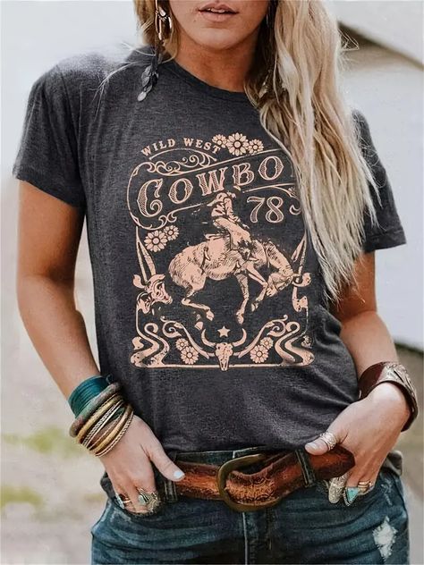 Vintage Cowboy Graphic Print Crew Neck T Shirt Retro Style Short Sleeve T Shirt Casual Every Day Tops Womens Clothing | 90 Days Buyer Protection | Temu Australia Steer Skull, Wild West, Dark Grey, Cowboy, Floral, T Shirt