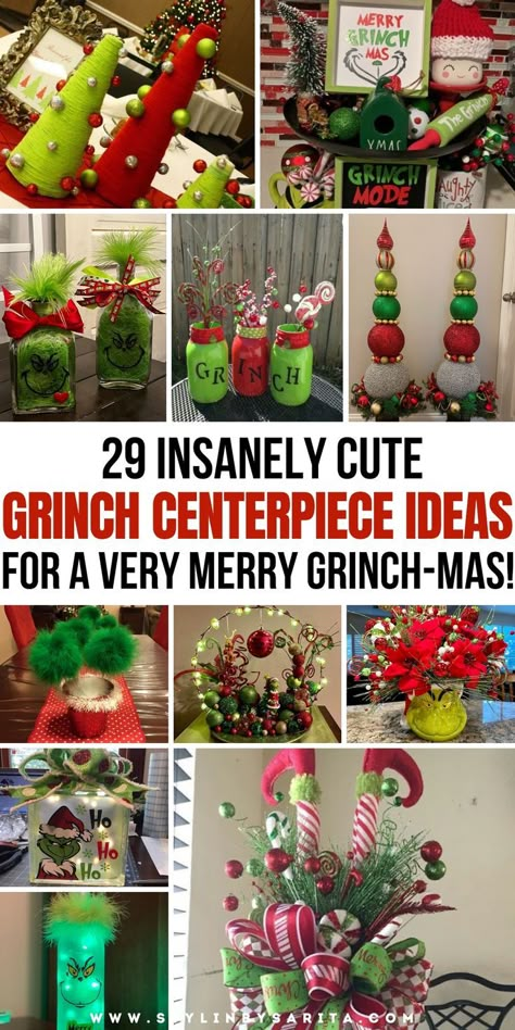 DIY grinch centerpiece ideas Grinch Centerpieces, Grinch Theme Christmas Decor, Grinch Projects, Grinch Centerpiece, Grinchmas Decorations Diy, Grinchmas Decorations, Grinch Classroom, Grinch Theme Christmas, Christmas Bathroom Ideas