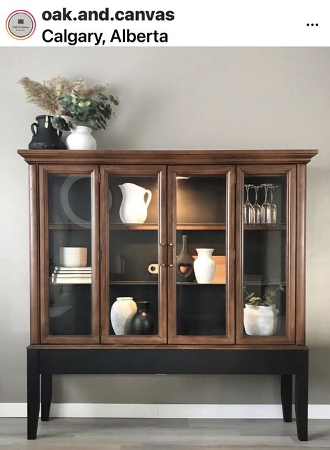 Buffet Top Repurposed, Upcycled Curio Cabinet Ideas, Add Legs To Hutch Top, Mcm Hutch Makeover, Repurposed Buffet Cabinet, China Cabinet Makeover Ideas, Modern Hutch Makeover, Sideboard Transformation, Upcycled China Cabinet