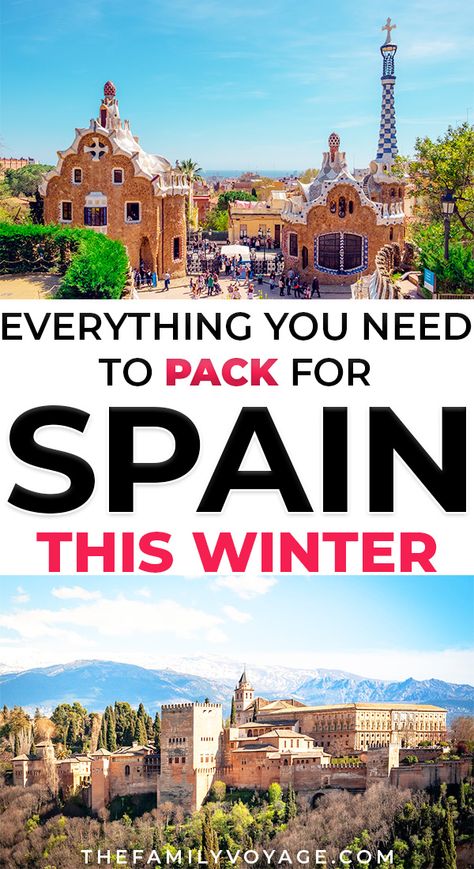 Are you visiting Spain this winter? SAVE this pin for later, and then CLICK to find your complete packing list for Spain in December, January and February... from clothes to shoes and more! We'll help you figure out what to wear in Barcelona, Madrid, Sevilla and more, what to pack for Spain aside from clothes and more. CLICK over for all the details now for your Spain packing list and Spain travel essentials. travel to Spain | #Spain #Barcelona #Madrid #Seville #Valencia #Grenada #packinglist #p Packing List For Spain, What To Pack For Spain, Pack For Spain, Spain In December, What To Wear In Barcelona, What To Wear In Spain, Spain In Winter, Winter Vacation Packing, Spain Packing List