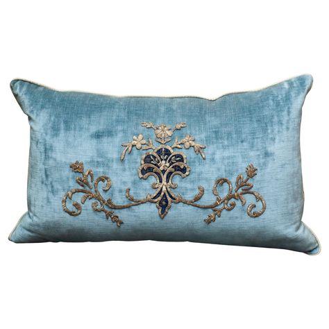 A stunning large blue velvet pillow with hand-stitched Antique Ottoman metallic embroidery. Filled with a down and feather insert for a pillow that is as soft and luxurious as it is beautiful. Velvet Embroidered Pillows, Blue Velvet Pillow, Luxurious Cushions, Embroidered Curtains, Luxury Pillows Decorative, Dream Bedroom Inspiration, Cool Bookshelves, Lace Pillow, Antique Ottoman