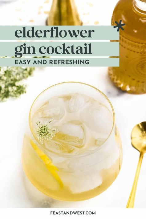 This elegant Elderflower Gin Cocktail is the perfect floral drink to welcome springtime! You'll love its refreshing flavor. Refreshing Gin Cocktails, Elderflower Gin Cocktail, Elderflower Recipes, Frozen Drinks Alcohol, Elderflower Cocktail, Gimlet Recipe, Basic Cocktails, Floral Drink, Honey Simple Syrup