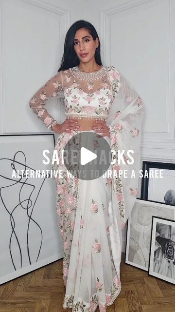 My Trousseau | Bespoke Indo-western Bridal Wear on Instagram: "S A R E E H A C K S 💕 Alternative ways to drape a saree.. perfect for showing off your blouse! Bridal Saree - My Trousseau Heirloom Collection (Mid-Bridal Range) Designed, developed and hand crafted in-house @mytrousseau www.mytrousseau.co.uk hello@mytrousseau.co.uk (+44) 20 3602 5339 Song - I know what you want | Busta Rhymes x Sherine #indianfashion #indianbride #pakistanibride #weddingblog #desistyle #desifashion #desibride #desicouture #mytrousseau #bridalwear #bride #bridalfashion #bridal #southasian #indowestern #bridallehenga #weddinglehenga #hautebride #indianwedding #lehenga #lengha #bespoke #couture #weddingdiaries #saree #weddingsaree #bridalsaree #sari" Saree Pallu Draping Styles, Indowestern Saree Draping, Indo Western Saree Look, Indo Western Saree Drape, Ways To Drape A Saree, Drape Saree Indo Western, Drape A Saree, Indo Western Saree, Saree Draping Styles