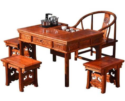 Chinese Table Setting, Chinese Tea Room, Chinese Tea Table, Table With Stools, Tea Sets Modern, China House, Chinese Tea Cups, Chinese Table, Host Chairs