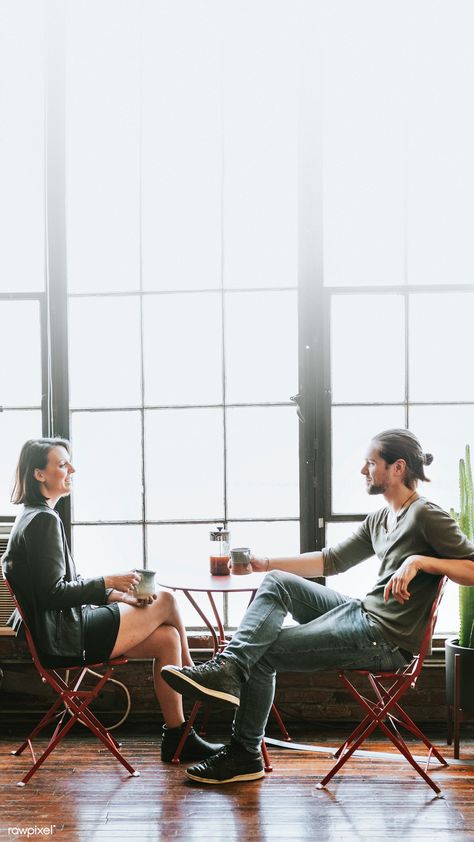 Couple sharing a coffee before off to work | premium image by rawpixel.com / Felix Coffee Date Couple, Couple Leather Jacket, Couple Coffee Date Aesthetic, Couples Working Together, Leather Jacket Couple, Friend Dynamic, Working Couple, Rooftop Photos, Date Cafe