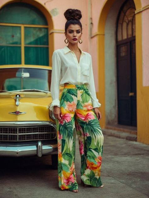 Womens Hawaiian Outfit, Havanna Nights Outfit, Havana Party Outfit, Cuban Outfit Havana Nights, Hawaiian Luau Outfit Women, Tropical Chic Outfit, Havana Nights Party Attire Women, Barbados Fashion, Havana Outfit