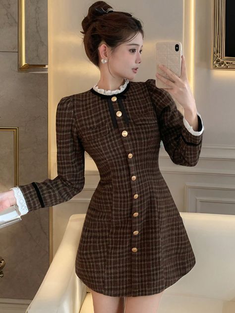 Women's Autumn/Winter Palace Style Woolen Bowknot Dress Brown Elegant  Long Sleeve Woven Fabric Colorblock,Plaid A Line,Shirt Non-Stretch Fall Women Clothing, size features are:Bust: ,Length: ,Sleeve Length: Bowknot Dress, Winter Palace, Moda Vintage, Womens Fall, Go Shopping, Women Clothing, Tartan, Length Sleeve, A Line