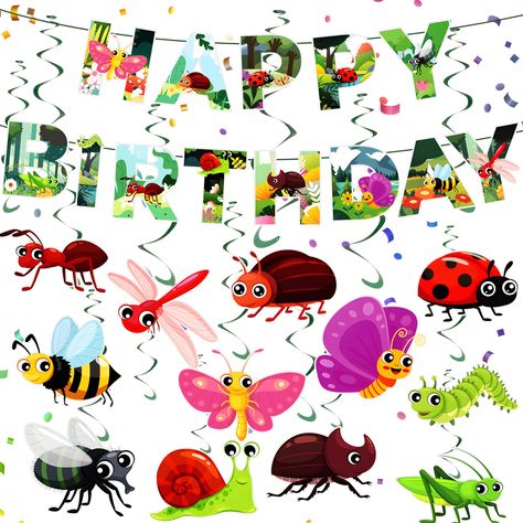 PRICES MAY VARY. 🐛【Bugs Birthday Banner】 Set includes 1 x bugs happy birthday banner and 12 x bugs hanging swirls, the spring bugs animal themed decoration set meets the birthday decorating needs of both boys and girls, making it easy to create a strong birthday atmosphere for your family and make your birthday party more colourful 🦋【Bugs Birthday Banner】 This adorable bugs birthday decoration is designed with bee, seven-star ladybird, butterfly, snail, caterpillar, ant and other insect motifs Bug Themed Birthday Party Decorations, Bug First Birthday Party, Bug Party Decorations, Spring Birthday Party Decorations, Birthday Decoration For Kids, Butterfly Theme Birthday Party, Bugs Birthday Party, Butterfly Theme Birthday, Spring Bugs