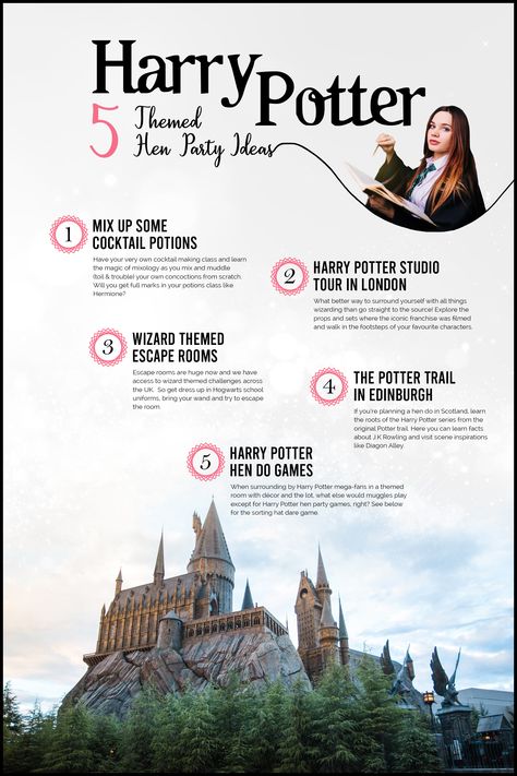 Do you solemnly swear to have a Harry Potter themed hen party? If so then give these magical Harry Potter hen party theme ideas a go! From mixing together your own potions using a magic want, all the way to attempting a Harry Potter escape room! #hendoideas #henpartyactivities #henpartyideas #henpartyplanning #henpartythemes #harrypotter #harrypotterhenparty #magichenparty #harrypotterbacheloretteparty #harrypottergames #harrypotterparty Hen Party Ideas Games, Harry Potter Hen Party, Harry Potter Bachelorette Party Decorations, Harry Potter Themed Bachelorette, Bachelorette Harry Potter Theme, Harry Potter Themed Hen Party, Harry Potter Bachelorette Party Invitations, Harry Potter Escape Room, Hen Party Theme