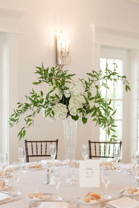 Glass Cylinder Centerpieces Wedding, Tall Table Centerpieces, Tall Centerpiece, Greenery Centerpiece, Tall Wedding Centerpieces, Wedding Flower Girl Basket, Spring Light, White Hydrangeas, Soft Spring