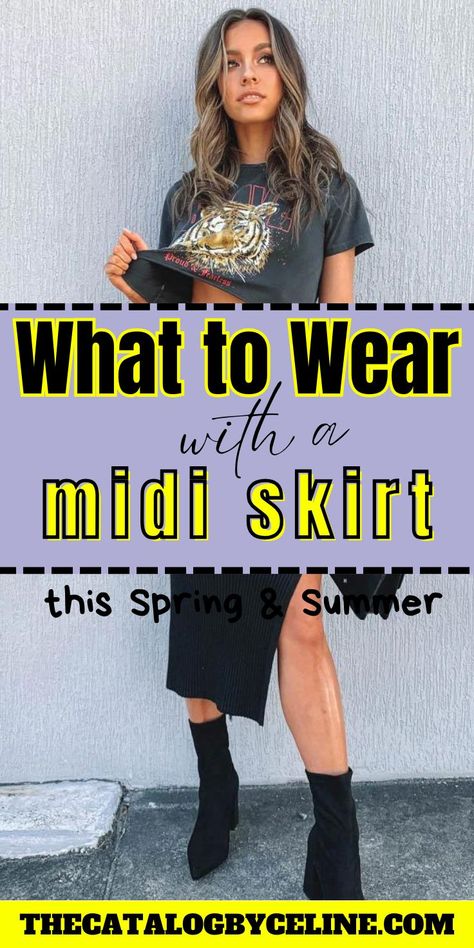 What to Wear with a Midi Skirt this Spring & Summer 2024 | Midi Skirt Outfits Black Midi Skirt Summer Outfit, Shoes To Wear With Midi Skirt, Black Skirt Outfit Summer Casual, Tshirt With Skirt Outfit Casual, How To Style A Floral Skirt, How To Style Midi Skirts, How To Style A Midi Skirt, Tshirt And Skirt Outfit Casual, Skirt Outfits Midi