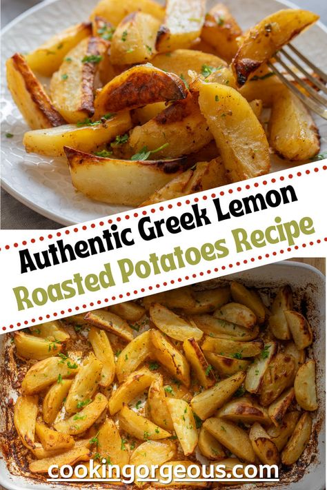 Greek style roasted potatoes with lemon juice, garlic, olive oil, and mediterranean flavorings. Greek Style Lemon Roasted Potatoes, Authentic Greek Lemon Roasted Potatoes, Authentic Greek Potatoes, Greek Potatoes Recipe Authentic, Mediterranean Potato Recipes, Greek Lemon Potatoes Authentic, Greek Potatoes Roasted, Lemon Greek Potatoes, Greek Potatoes Recipe