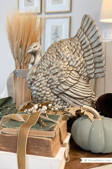 Come on over and tour my French Country cottage fall home decor. My green and brown fall decor is full of inspiration and simple fall DIY's like this DIY painted turkey. DIY Dried Wheat Bundle French Country Cottage Home Decor Inspiration from Live Oak Nest www.liveoaknest.com Ceramic Turkey Centerpiece, Natural Thanksgiving Decor, French Country Thanksgiving, Brown Fall Decor, Fall Decor 2024, Green Fall Decor, Cottage Fall Decor, Turkey Decorations, Country Fall Decor