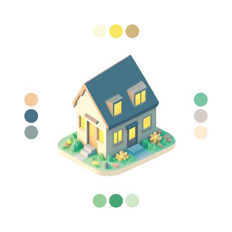 Isometric House Design, Isometric House Illustration, Isometric Building Illustration, Isometric Architecture, House Isometric, Isometric House, Blue Roof, Simple Character, Building Illustration