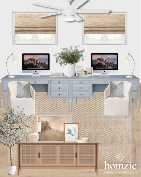 Coastal Bedroom With Desk, Coastal Office Desk, Coastal Office Space, Coastal Office Design, Desk Cane, Homzie Designs, Neutral Desk, Cane Console Table, Cane Console