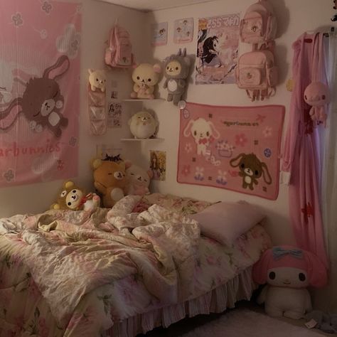 kawaii room Sugarbunnies room backpack mother garden plushies cute Small Kawaii Bedroom, Cutecore Room, Kawaii Room Ideas, Hello Kitty Room Decor, Hello Kitty Bedroom, Pink Core, Kawaii Bedroom, Aesthetic Posters, Hello Kitty Rooms