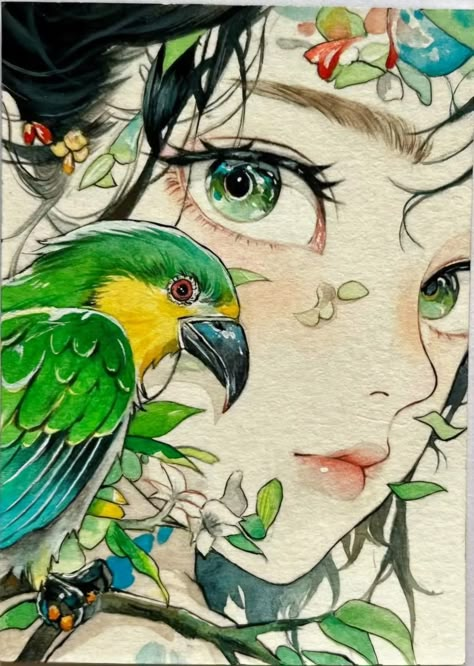 Parrot Drawing, Manga Watercolor, Watercolor Art Face, Color Drawing Art, Anime Drawing Books, Animation Art Sketches, Anime Canvas Art, Cute Doodles Drawings, Arte Sketchbook