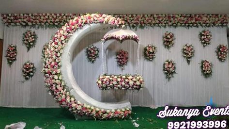 Naming Ceremony | Cradle Decoration | Barse Packages | Sukanya Events Name Ceremony Decoration, Name Ceremony, Stage Decoration Photos, Cradle Decoration, Indian Baby Shower Decorations, Naming Ceremony Decoration, Poola Jada, Reception Stage Decor, Night Wedding Decor