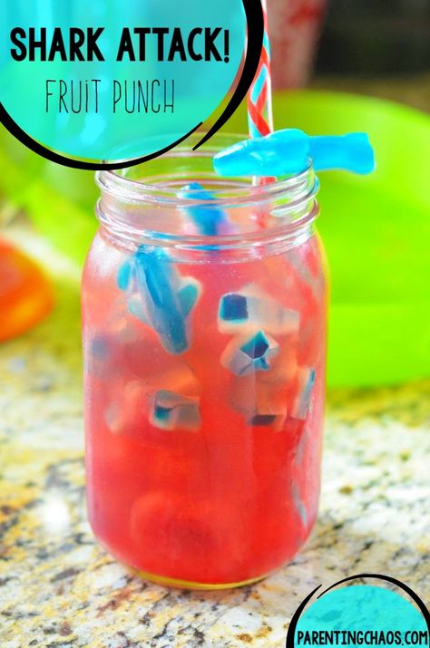 Shark Attack Punch Sleepover Drinks, Shark Themed Food, Avenger Cupcakes, Ocean Things, Shark Week Party, Shark Themed Party, Shark Themed Birthday Party, Kid Drinks, Shark Themed