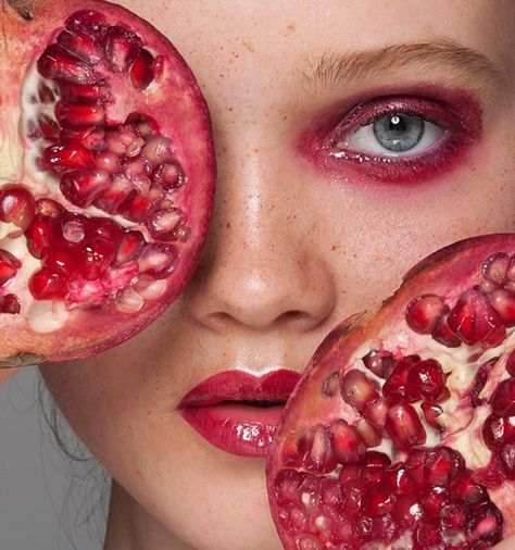 People With Fruit Photography, Fruit Editorial Photography, Fruit Fashion Photography, Fruit Portrait Photography, Fruit Photography People, Fruits Photography Creative, Fruit Makeup Looks, Fruit Photoshoot Model, Fruit Inspired Makeup