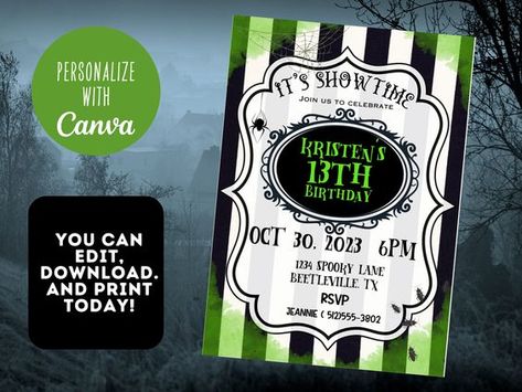 Black and White Striped Birthday Invitation - It's Showtime Editable Invitation - Beetle Juice  Birthday Invitation,  Spooky Birthday Invite Halloween fonts #halloweenfonts fonts #fonts font #font 2.1010 Beetlejuice Invitations Templates, Beetle Juice Invitation, Beetlejuice Birthday Invitations, Beetlejuice Party Invitation, Beetlejuice Invitations, Happy Halloween Font, Beetlejuice Party, Juice Party, Halloween Juice