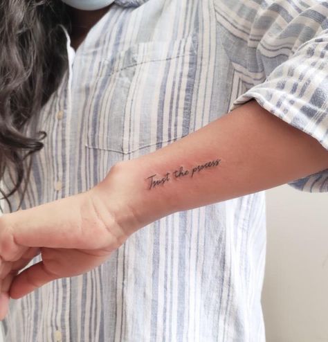 #tattoo #handwrite #lettering Tattoos From Grandparents Writing, Small Hand Written Tattoos, Forearm Handwriting Tattoo, Trust The Process Quotes Tattoo, Hand Writing Tattoo Placement, Text Tattoo Hand, Hand Written Tattoos Placement, Tattoo With Handwriting, Small Handwriting Tattoo