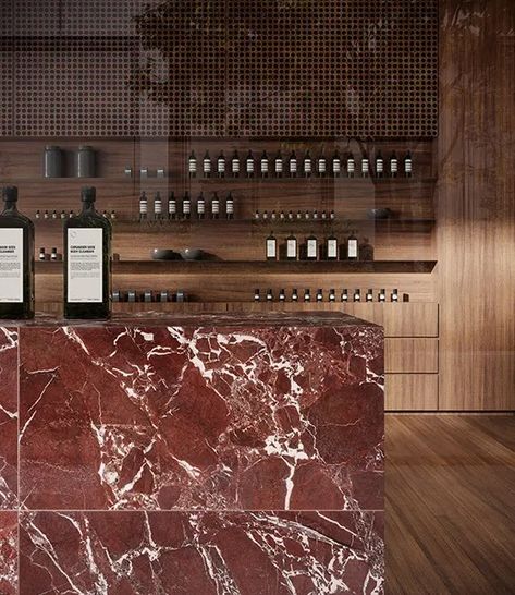 Colorful Marble Countertops, Red Quartz Countertops, Burgundy Marble Kitchen, Deep Red Interior Design, Red Marble Interior, Red Onyx Marble, Maroon Interior Design, Red Marble Countertops, Red Stone Kitchen