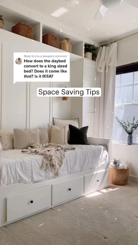 Space Saving Tips. A day bed that coverts to almost a king size bed when needed. in 2022 | Bedroom makeover, Minimalist bedroom, Home Space Day, 2022 Bedroom, Diy Daybed, Comfortable Living Room, Day Bed, A King, Dream Rooms, King Size Bed, Bedroom Inspo