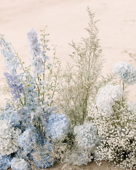 Blue Delphinium Wedding Bouquet, Soft Blue Wedding Flowers, Delfinium Flower Wedding, Powder Blue Wedding Theme Color Schemes, Greenery At Wedding, White And Sky Blue Wedding, Pale Blue And White Wedding, Costal Flowers, Blue And White Garden Wedding