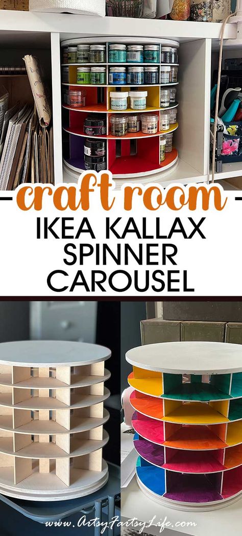 Wicked Cool Ikea Kallex Carousel Spinner Craft Cube Storage Ideas, Craft Room Small Space Ideas, Craft Storage Small Space, Small Craft Storage Ideas, Craft Room Storage Shelves, Tiny House Craft Room, Ikea Kallax Ideas Craft Room, Ikea Kallax Painted, Craft Machine Storage