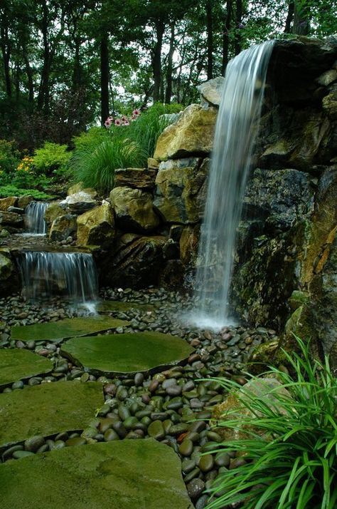 when it comes to landscaping stones and boulders really rock, concrete masonry, gardening, landscape, ponds water features, Man made Waterfalls Long Island NY Taman Air, Air Mancur, Natural Waterfalls, Fountains Backyard, Garden Waterfall, Pond Waterfall, Pond Water Features, Backyard Water Feature, Natural Pond