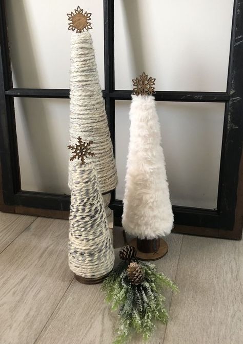 Cone Shaped Christmas Trees, Bright Holiday Decor, Diy Trees, Yarn Trees, Christmas Cones, Christmas Vignettes, Diy Christmas Ornaments Easy, Bottle Brush Christmas Trees, Christmas Tree Tops