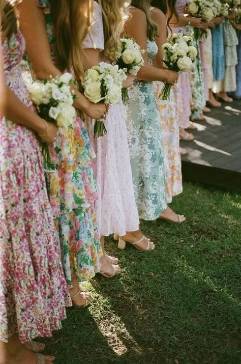 Bridal Party Floral Dresses, Special Things To Do At Your Wedding, Bridesmaids In Floral Dresses, Mid Matched Bridesmaids, Mismatched Floral Bridesmaids, Different Floral Bridesmaid Dresses, Un Traditional Wedding Ideas, Colorful Floral Bridesmaid Dresses, Bridesmaids Dresses Floral