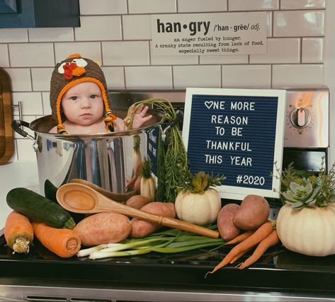 Baby In Pot For Thanksgiving, 6 Month Thanksgiving Pictures, Sibling Thanksgiving Pictures, 3 Month Thanksgiving Pictures, November One Month Baby Picture, Calendar Photoshoot Ideas Kids, Six Month Milestone Pictures, In N Out Baby Photoshoot, Thanksgiving 3 Month Old Pictures