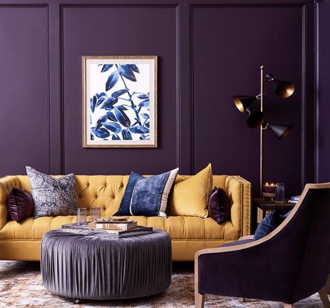 Chic aubergine and mustard Purple Living Room, Female Artwork, Tropical Landscape, Purple Interior, Purple Rooms, Oil Art, Yellow Living Room, Colourful Living Room, Art Tropical