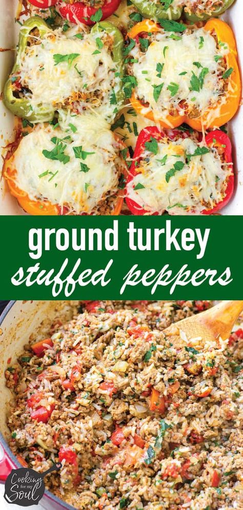 Ground Turkey Stuffed Peppers! These delicious bell peppers are stuffed with ground turkey and rice, but you can make it with any other grain. Ground turkey stuffed bell peppers are a great dinner option! So good and easy #cookingformysoul Stuffed Bell Peppers Turkey, Ground Turkey And Rice, Bell Peppers Stuffed, Turkey Stuffed Peppers, Turkey And Rice, Ground Turkey Stuffed Peppers, Healthy Turkey Recipes, Ground Turkey Recipes Healthy, Stuffed Peppers Turkey