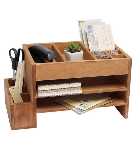 All The Rages Home Office Tiered Desk Organizer Natural Wood | JOANN Wooden Office Accessories Gifts, Organize Receptionist Desk, Boho Office Desk Supplies, Boho Office Desk Accessories, Wooden Desk Organizer Plans, Wooden Office Desk Organizer, Tiered Desk, Desk File Organizer, Wood Desk Organizer