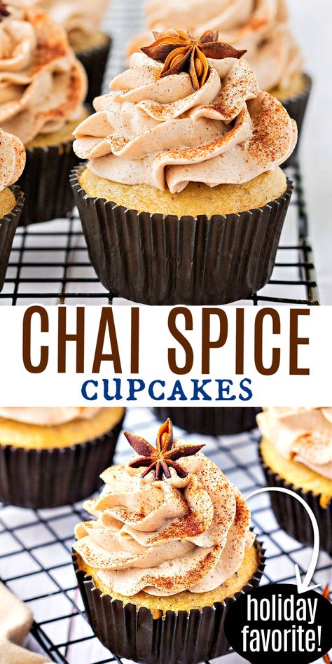 Chai Tea Cupcakes Recipe, Chai Cupcake Recipe, Winter Bakes, Strudel Muffins, Chai Latte Cupcakes, Chai Recipes, Barista Life, Vanilla Chai Tea, Delish Cakes